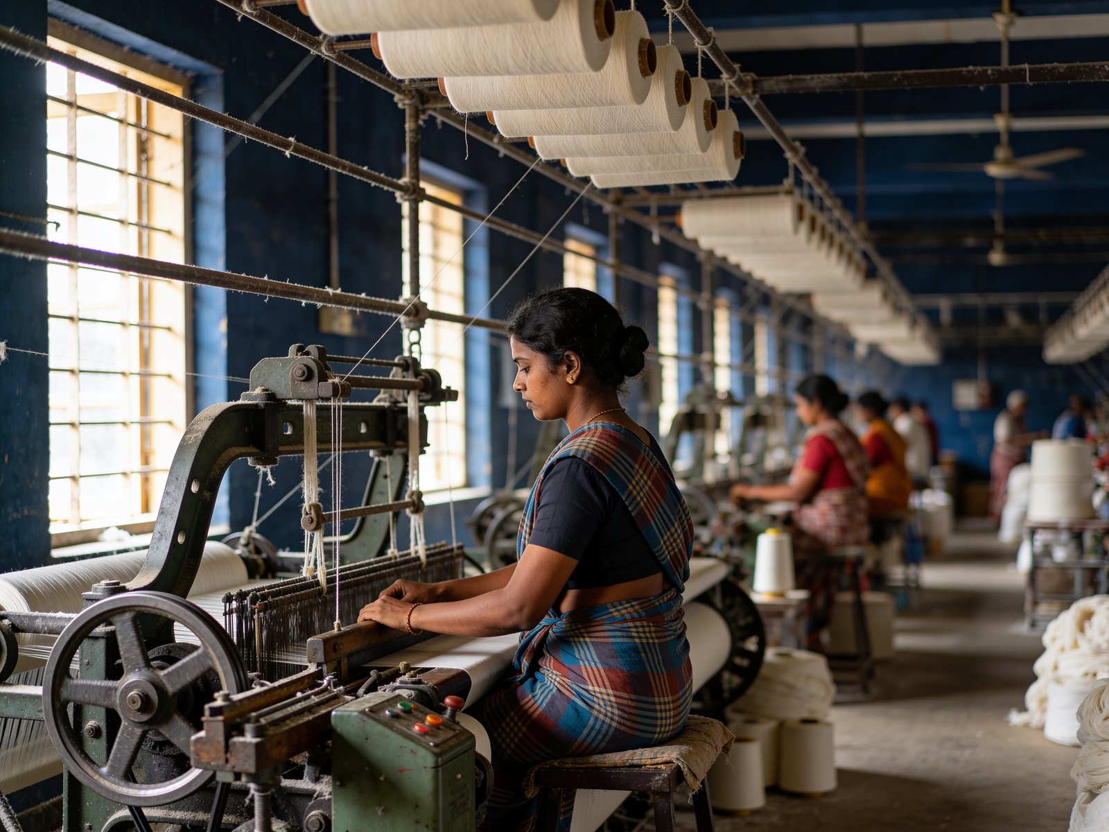 Team on the mill floor at KSJ Spins and Weavers